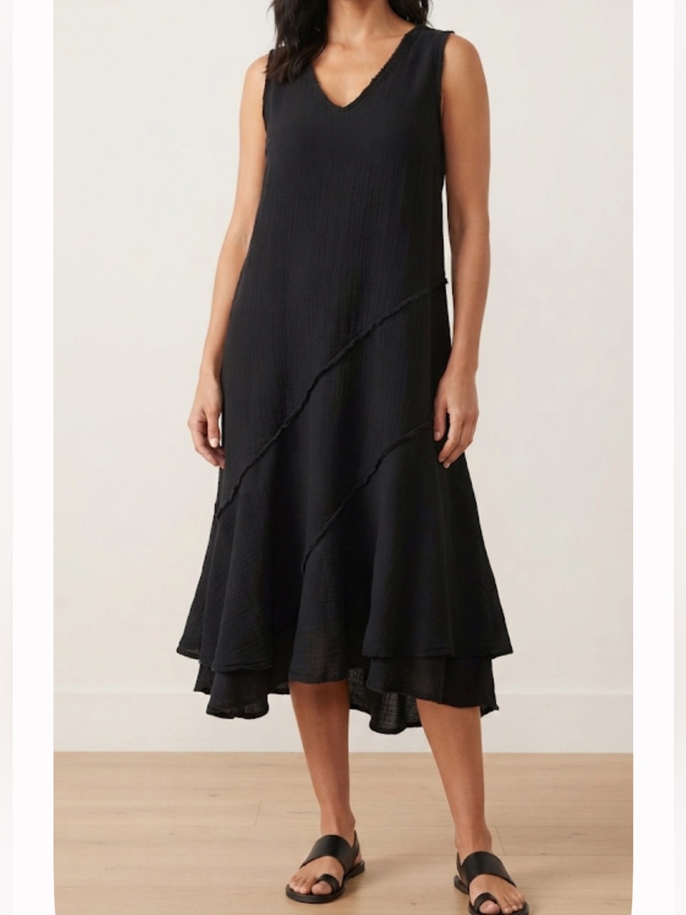 TABASCO Diagonal Seam Boho Cotton Gauze Lagenlook Dress Black Medium